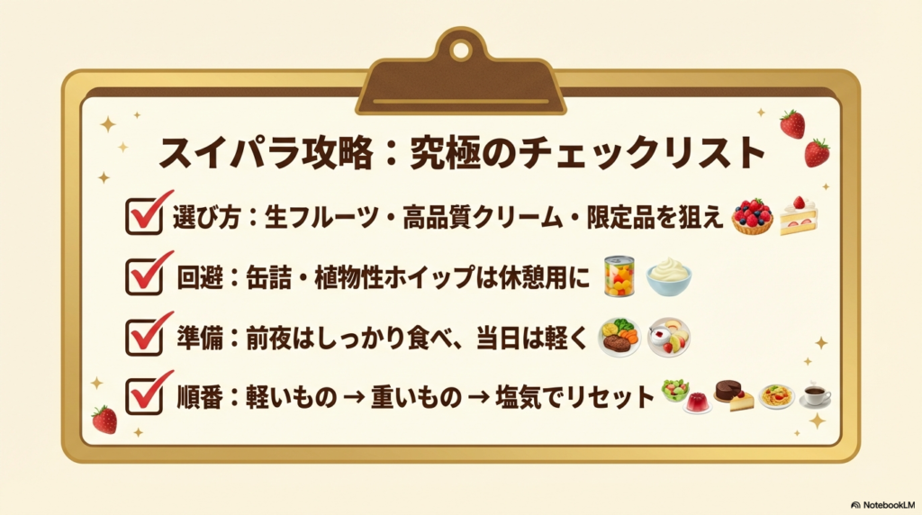 選び方や回避すべきもの準備や順番などスイパラ攻略のポイントをまとめたリスト