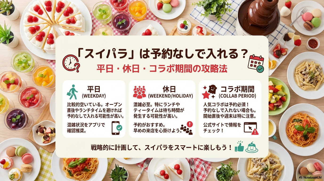 スイパラに予約なしで入れるか、平日や休日の違いとコラボ期間の攻略法をまとめたスライドの表紙