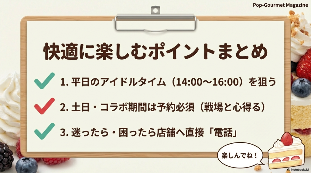 平日のアイドルタイムを狙うことや土日の予約必須など、スイパラを快適に楽しむためのポイントをまとめたチェックリスト