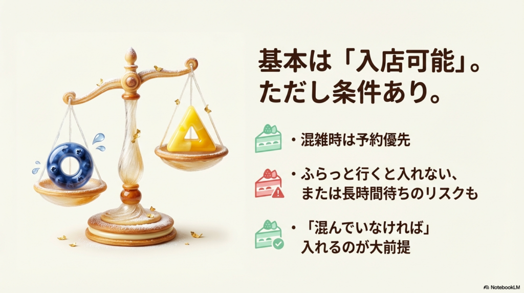 スイパラは基本的に当日入店可能だが、混雑時は予約優先になるため注意が必要であることを示した天秤のイラスト