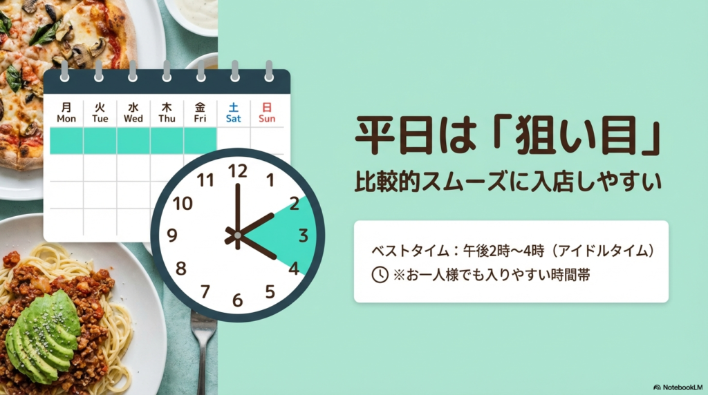 スイパラの平日は比較的空いており、特に午後2時から4時のアイドルタイムが狙い目であることを示したカレンダーと時計の図