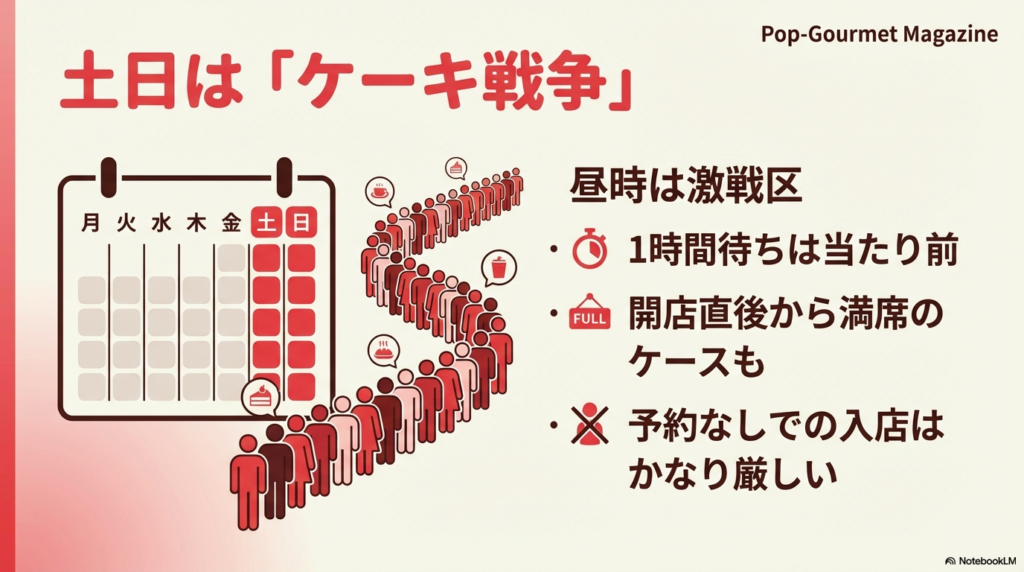 土日のスイパラはケーキ戦争と呼ばれるほど混雑し、1時間待ちや満席になる可能性が高いことを示した行列のイラスト