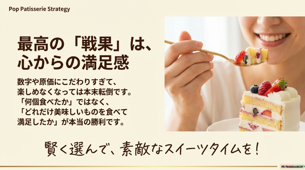 数字や原価にこだわりすぎず美味しいものを食べて満足することの大切さを伝えるメッセージ