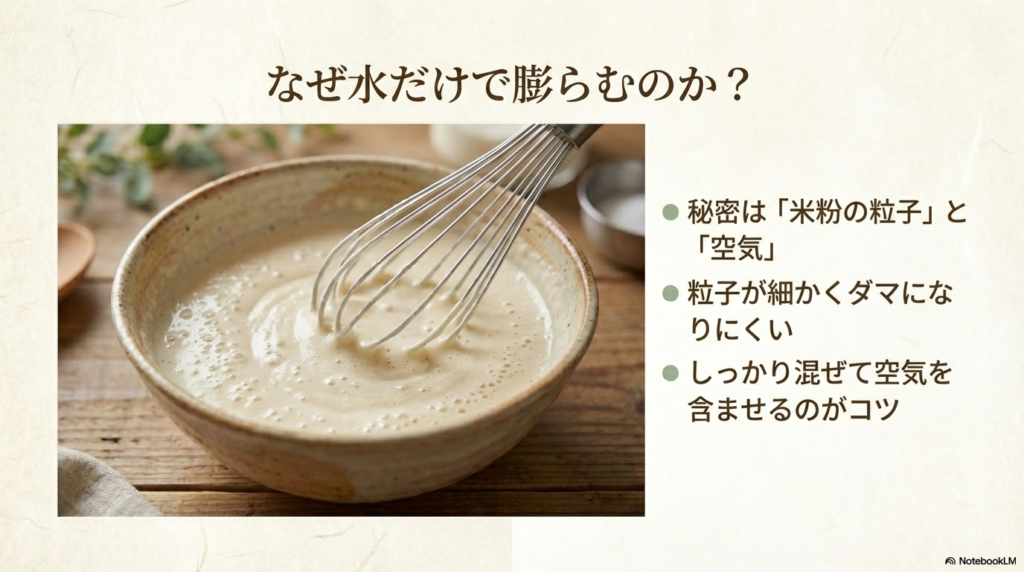 細かい米粉の粒子に空気を含ませるようにしっかり混ぜることで、水だけでも生地が膨らむ理由を解説したスライドです。
