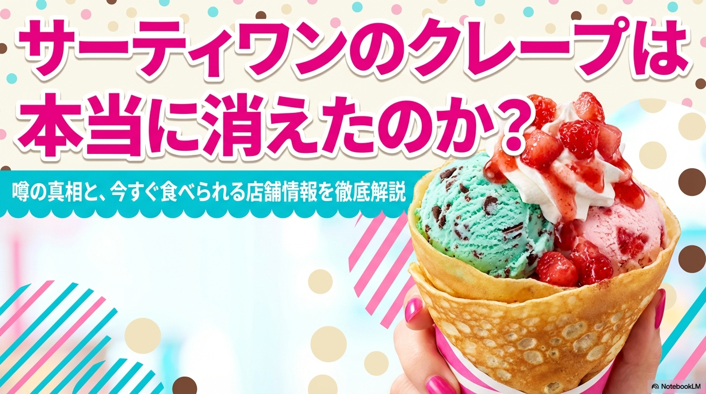 サーティワンのクレープは本当に消えたのか、噂の真相と今すぐ食べられる店舗情報を徹底解説したタイトルスライドです。