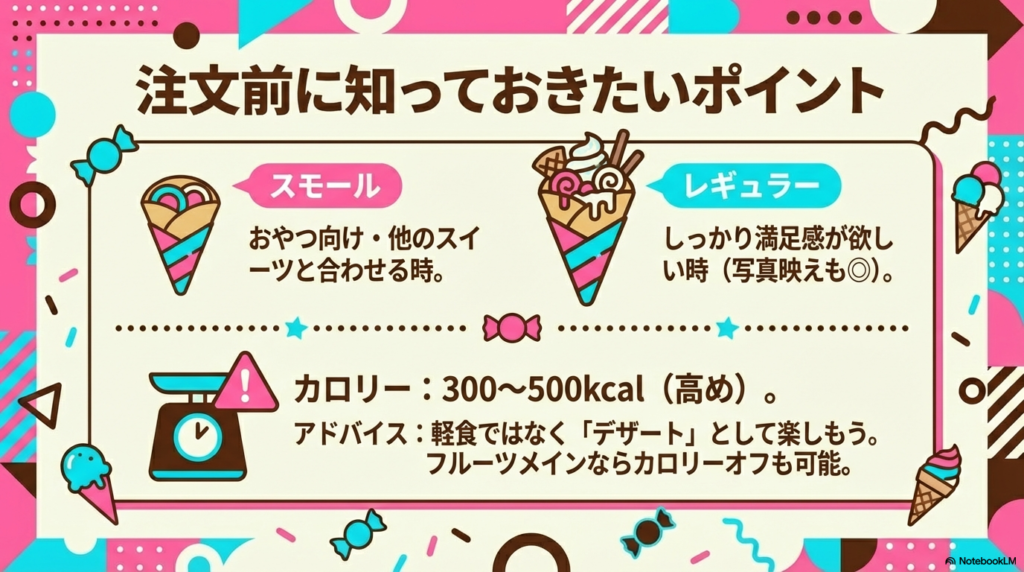 スモールとレギュラーのサイズの違いや、カロリーがやや高めであることなど、注文する前に知っておきたいポイントをまとめたスライドです。