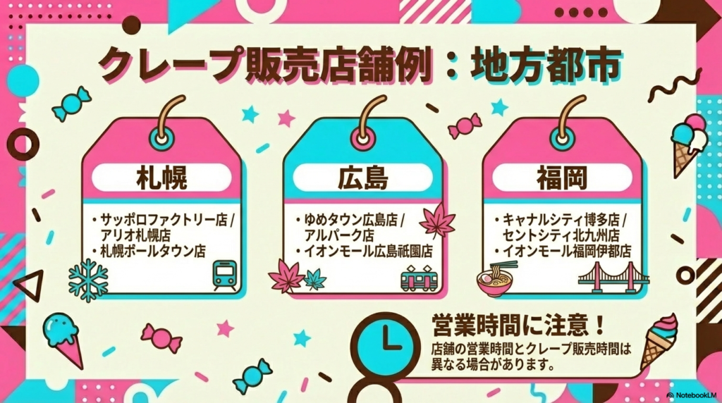 札幌、広島、福岡などの地方都市にあるサーティワンクレープの販売店舗例と、お店によって営業時間が異なる点に注意を促すスライドです。