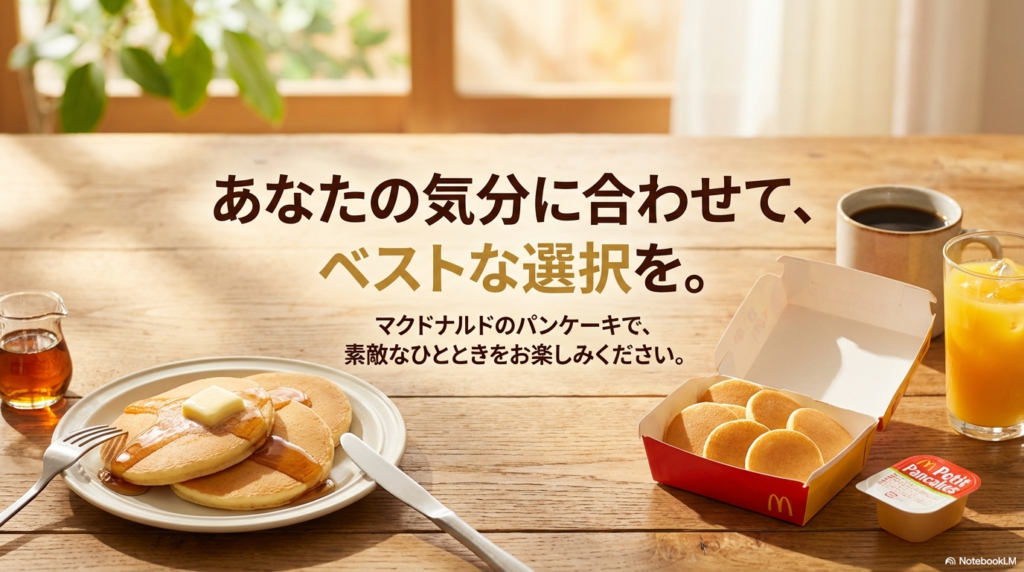 あなたの気分に合わせてベストなパンケーキを選び、マクドナルドで素敵なひとときをお楽しみくださいというメッセージ画像です。 