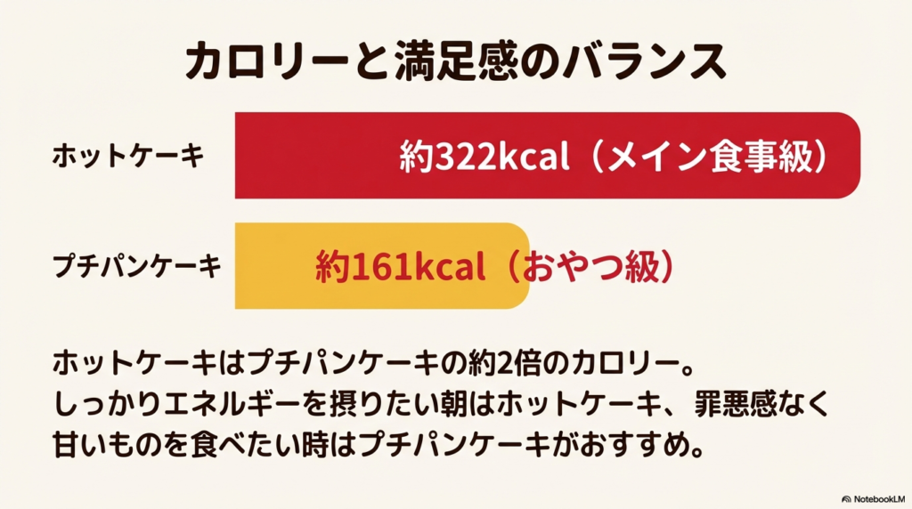 ホットケーキは約322キロカロリーでしっかりとした食事向け、プチパンケーキは約161キロカロリーでおやつ向けといった、カロリーと満足感のバランスを比較した画像です。 