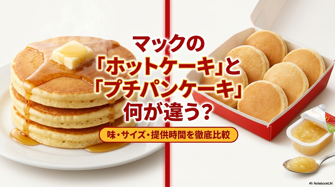 マクドナルドのホットケーキとプチパンケーキの味やサイズ、提供時間の違いを徹底的に比較したタイトル画像です。
