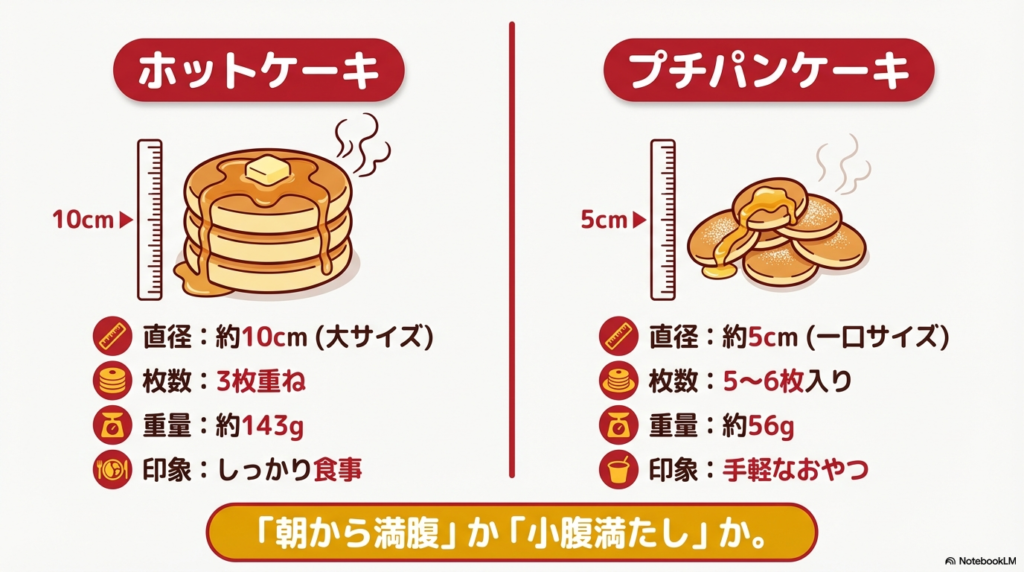 ホットケーキは約10センチで3枚重ね、プチパンケーキは約5センチで5から6枚入りといった、サイズや重さの違いを比較した画像です。 