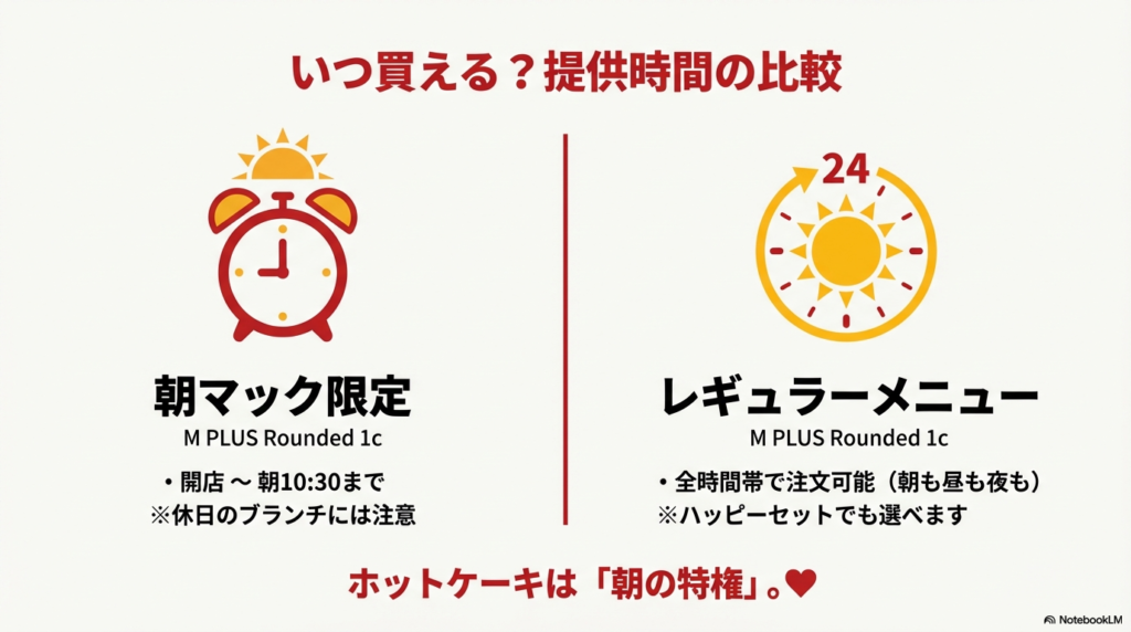ホットケーキは開店から朝10時半までの朝マック限定、プチパンケーキは朝昼夜の全時間帯で注文可能という、提供時間の違いをまとめた画像です。 