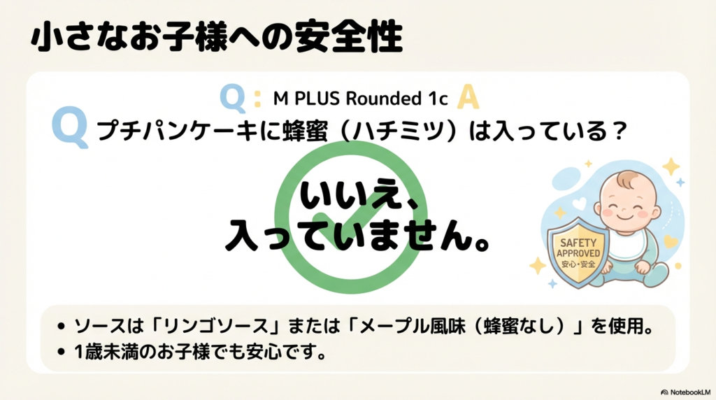 プチパンケーキのソースには蜂蜜が含まれていないため、1歳未満の小さなお子様でも安心して食べられることを説明した画像です。