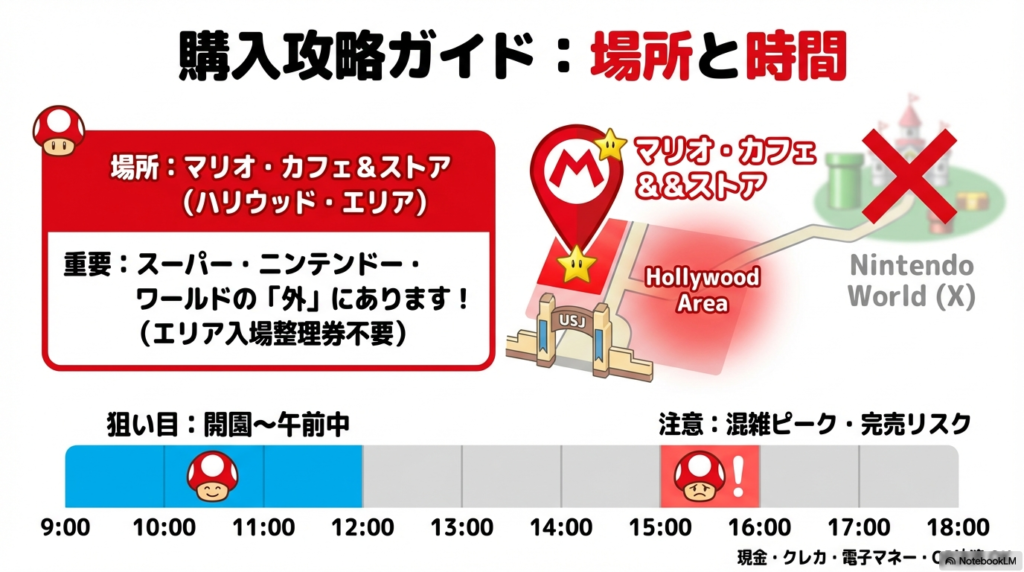 マリオパンケーキサンドの販売場所と混雑時間帯 マリオのパンケーキサンドが買えるカフェは、マリオのエリアの外にあるハリウッド・エリアに位置しており、混雑を避けるなら開園から午前中が狙い目であることを案内しています。