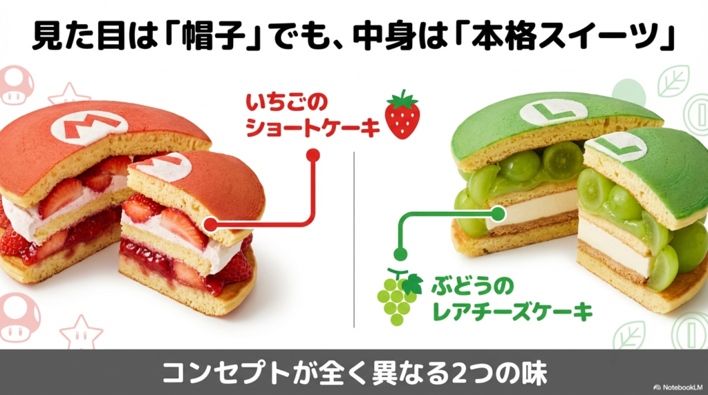 マリオとルイージのパンケーキサンドの中身 マリオは「いちごのショートケーキ」、ルイージは「ぶどうのレアチーズケーキ」と、それぞれコンセプトが異なる本格スイーツであることを説明するスライドです。