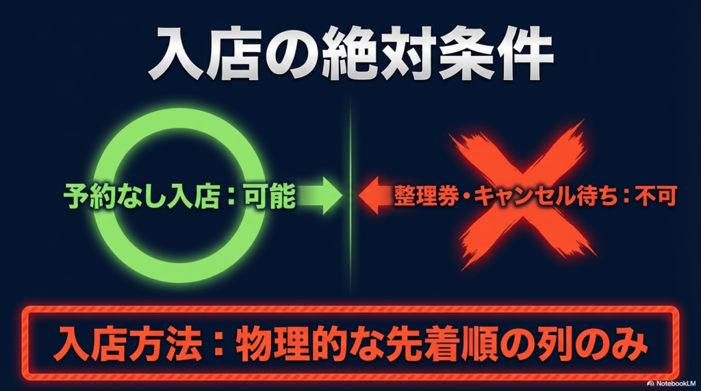 予約なしでも入店は可能ですが、整理券やキャンセル待ちはなく、現地での先着順の列に並ぶことが絶対条件であることを説明しています。