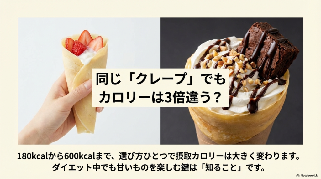 選び方ひとつでクレープのカロリーが180kcalから600kcalまで大きく変わることを説明し、ダイエット中に甘いものを楽しむコツを紹介するスライド