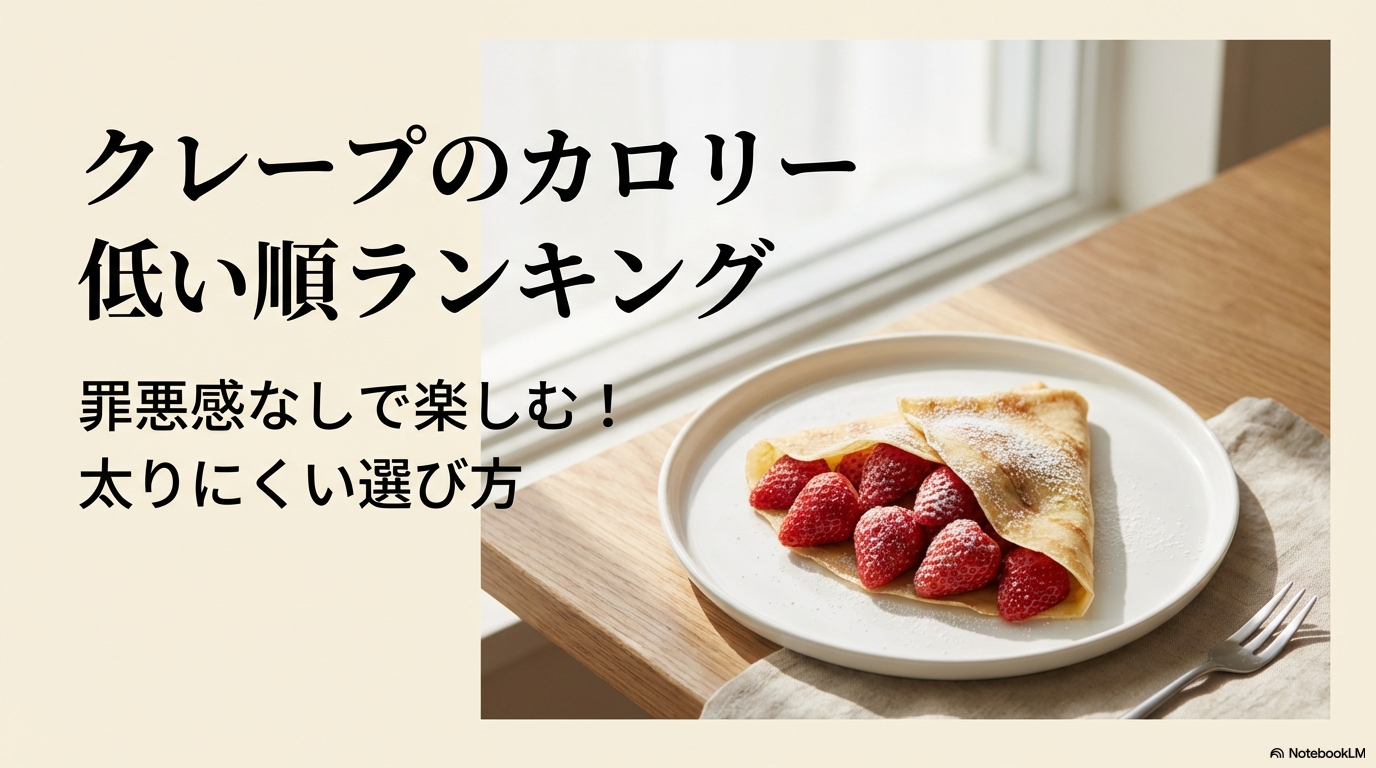 クレープのカロリーを低い順にランキング形式で紹介し、罪悪感なく楽しむための太りにくい選び方を解説したスライドの表紙