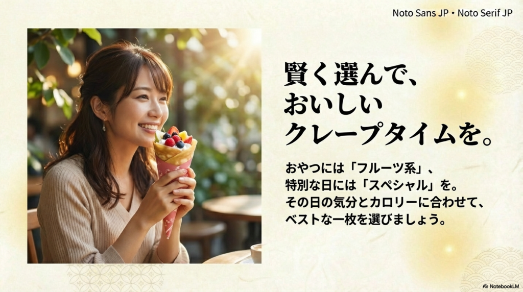 普段のおやつにはフルーツ系、特別な日にはスペシャル系など、その日の気分とカロリーに合わせてクレープをおいしく選ぶことを提案するスライド