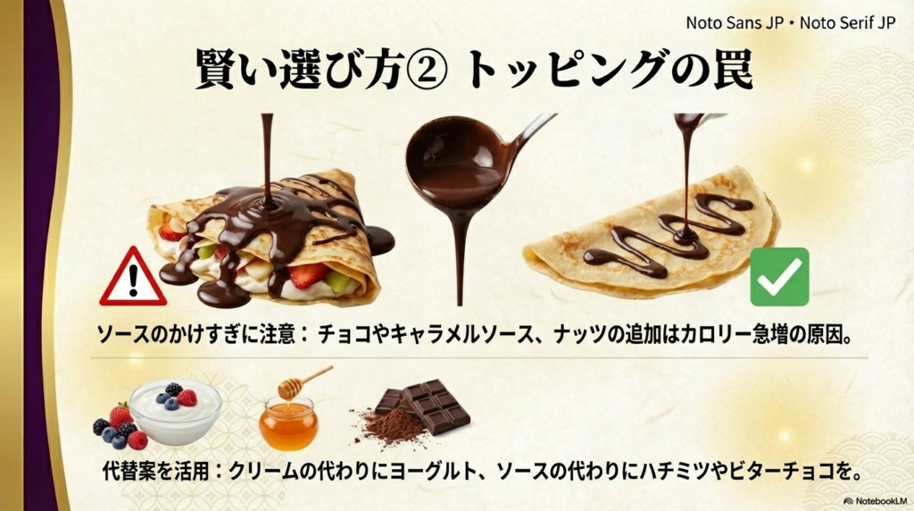 ソースやナッツのかけすぎによるカロリー急増への注意喚起と、ヨーグルトやハチミツといったヘルシーな代わりのアイデアを紹介するスライド