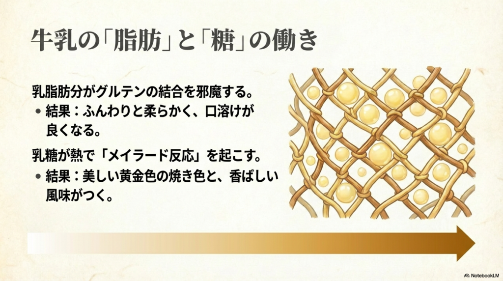 牛乳に含まれる成分が網目の間に入り込んで生地を柔らかくし、さらに熱で色づくことで、きれいな黄金色でしっとりとしたクレープになる仕組みの図解です。