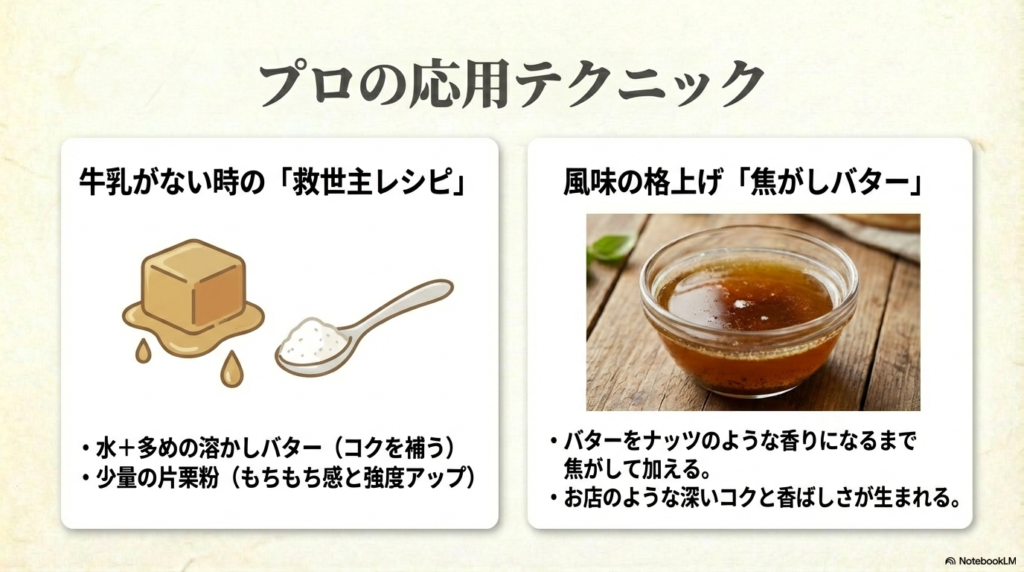 牛乳がない時の対処法や、焦がしバターを加えてお店のような深いコクと香ばしさを出すプロの応用テクニックを紹介しています。