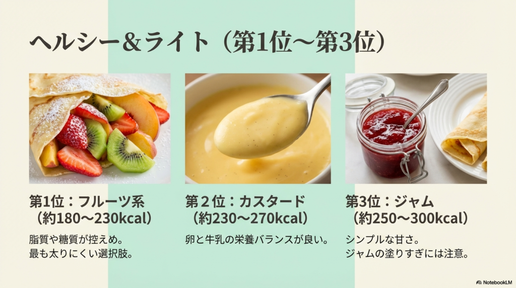 カロリーが低くて太りにくいフルーツ系、カスタード、ジャムのクレープを1位から3位として紹介するスライド