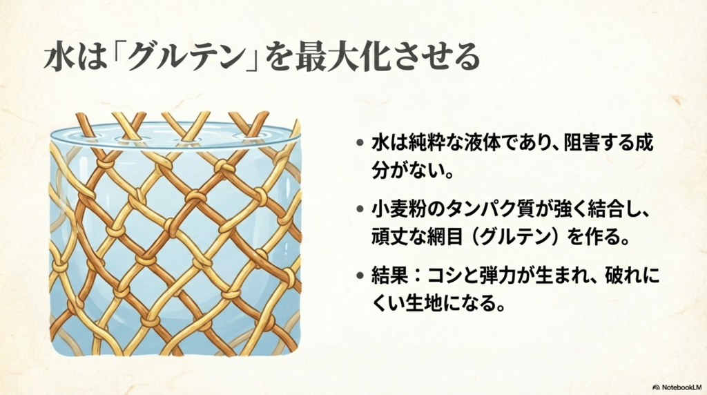 水を使うと小麦粉の成分がしっかり結びついて丈夫な網目状になり、破れにくく弾力のあるもちもちしたクレープ生地になる仕組みを解説した図解です。