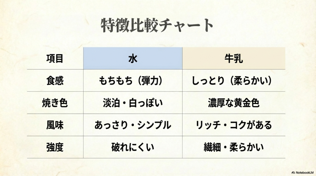 クレープ生地に水を使った場合と牛乳を使った場合の、食感、焼き色、風味、破れにくさの違いを一覧で比較した表です。