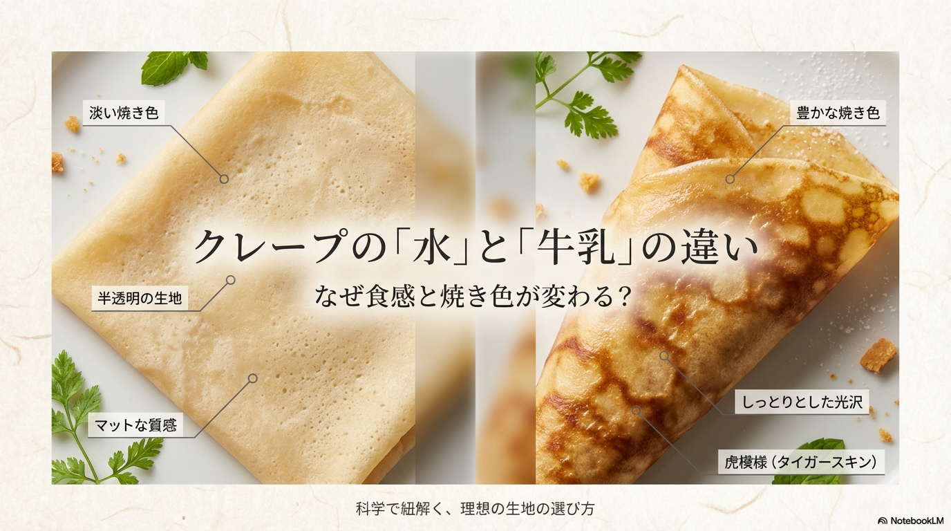 クレープを水で作るか牛乳で作るかによって、食感や焼き色がどのように変わるのかをわかりやすく解説したスライドの表紙です。