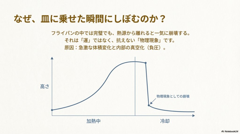 フライパンで焼いている間は大きく膨らむパンケーキが、お皿に乗せて冷え始めた途端に急激にしぼんでしまう様子を表したグラフです。