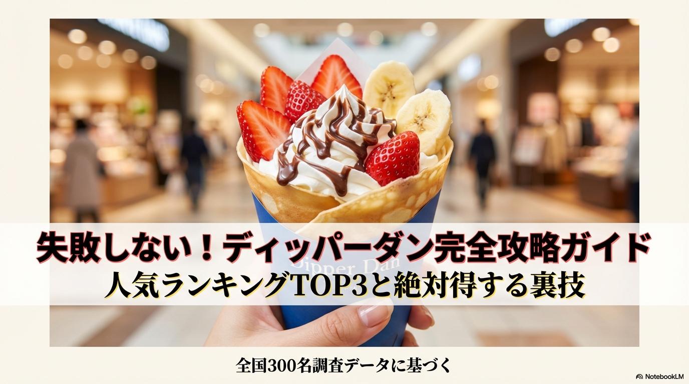 ディッパーダンのクレープ人気ランキングと絶対得する裏技をまとめた完全攻略ガイドの表紙スライドです。