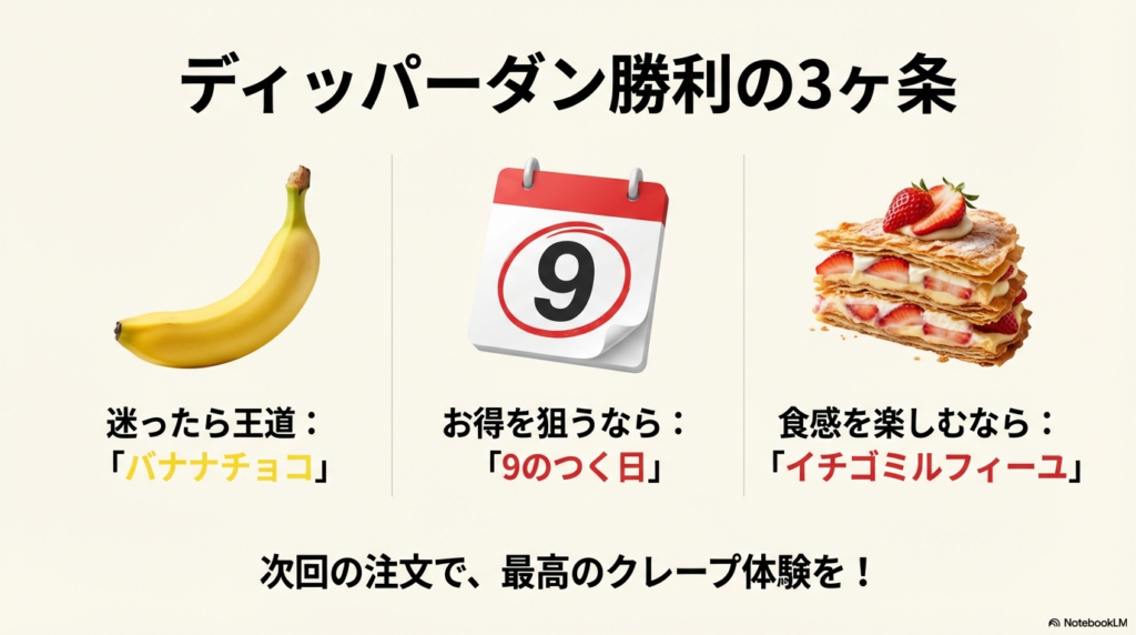 バナナチョコを選ぶ、9のつく日を狙う、イチゴミルフィーユで食感を楽しむという、ディッパーダンを最高に満喫するための3つの法則をまとめたスライドです。