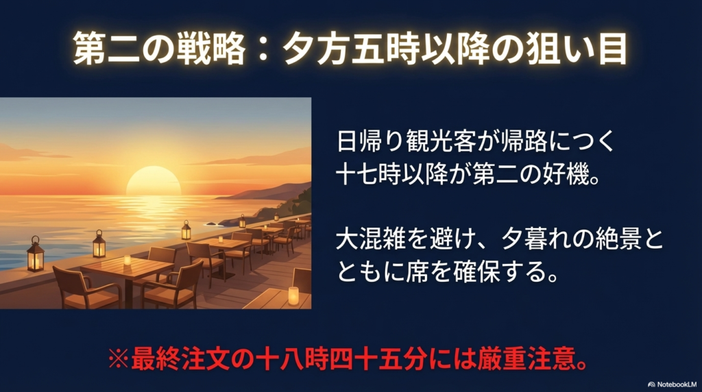 日帰り観光客が帰る夕方17時以降を狙って混雑を避け、夕暮れの景色を楽しむ戦略です。18時45分のラストオーダーには注意が必要です。