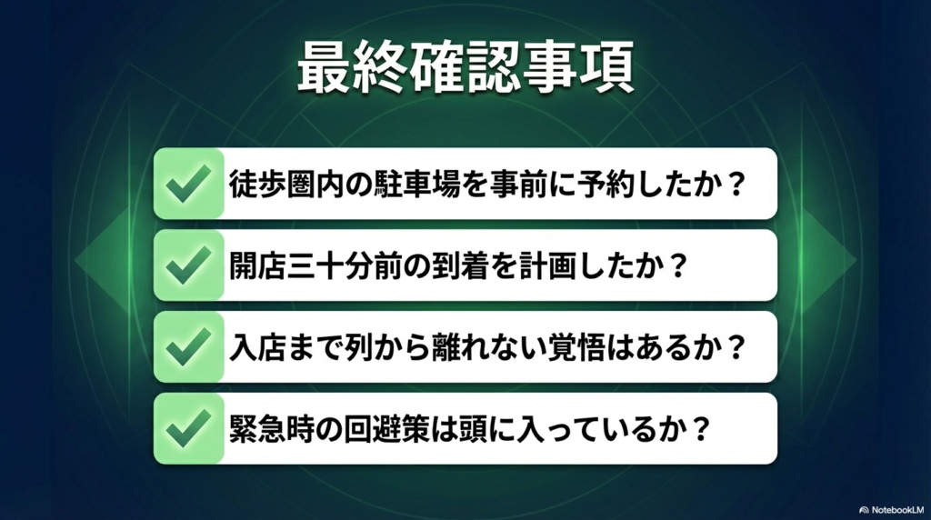 駐車場の事前予約、開店30分前の到着、列から離れない覚悟、緊急時の回避策といった、入店前の最終確認事項をまとめたリストです。