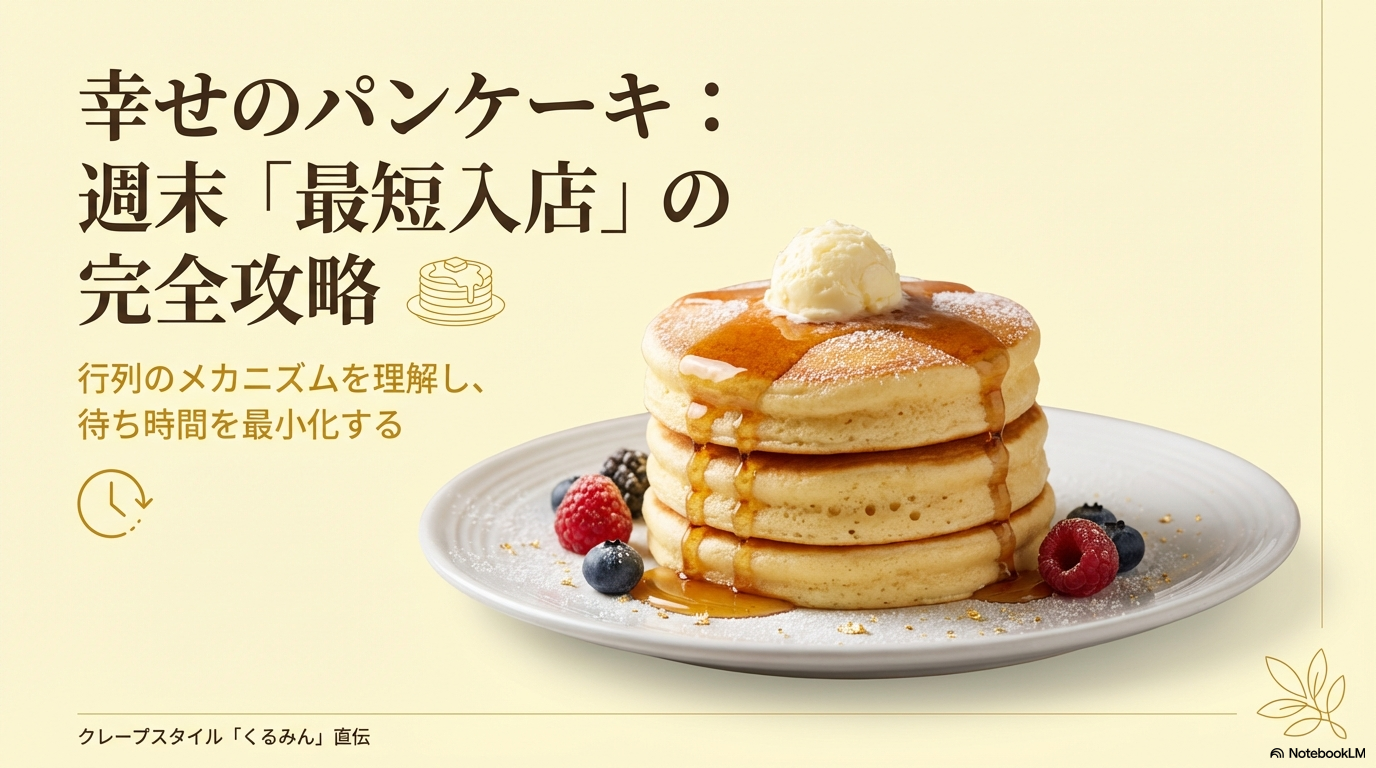 幸せのパンケーキに週末最短で入店するための完全攻略法をまとめた表紙スライドです。