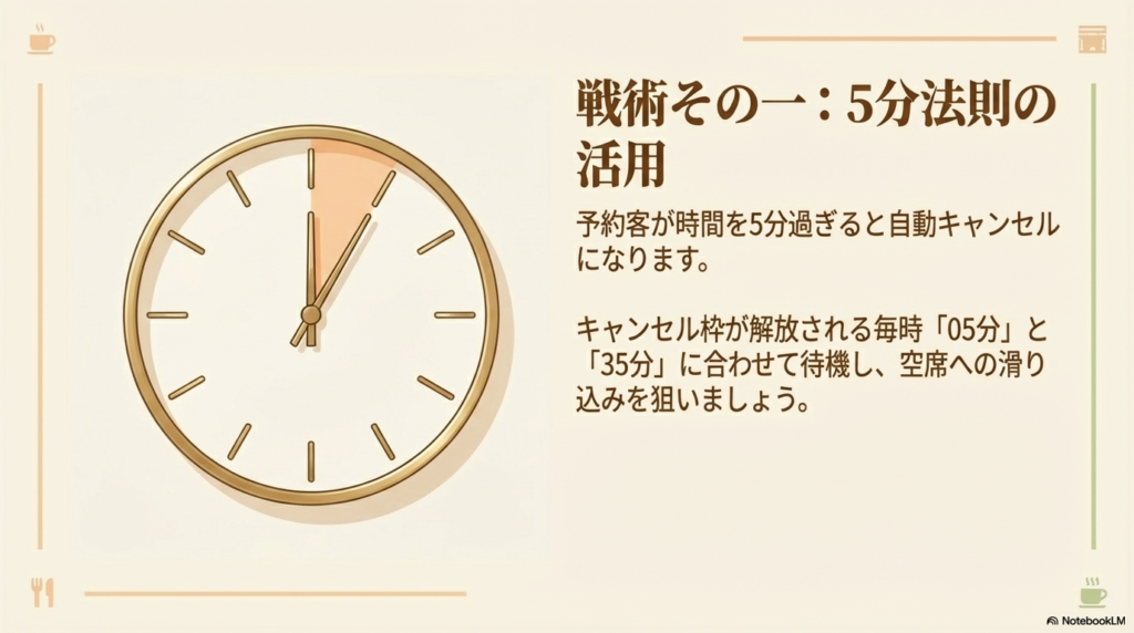待ち時間を減らす戦術その1(5分ルール) 予約客が5分遅れると自動キャンセルになるルールを利用し、毎時05分と35分に合わせて待機して空席を狙う戦術を紹介したスライドです。