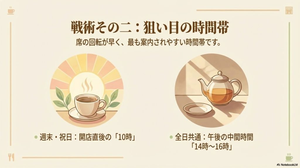待ち時間を減らす戦術その2(狙い目の時間帯) 席の回転が早く案内されやすい狙い目の時間帯として、週末や祝日は開店直後の10時、すべての曜日共通で14時から16時をおすすめするスライドです。