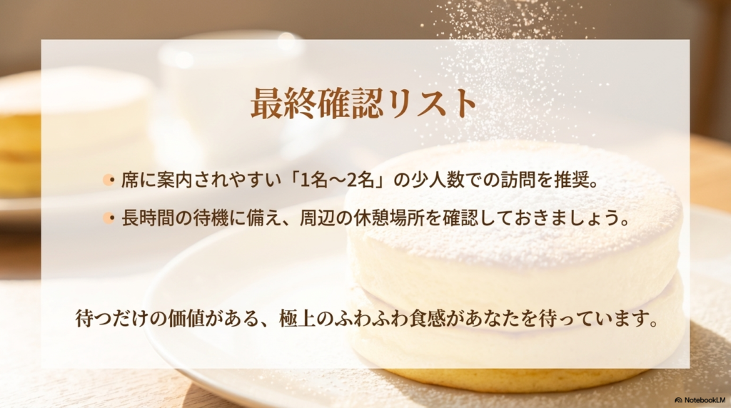 予約なし訪問の最終確認リスト 席に案内されやすい1名から2名での訪問を推奨し、長時間の待機に備えて周辺の休憩場所を確認しておくことを勧める最終確認リストのスライドです。