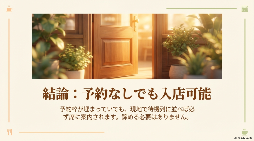 幸せのパンケーキ池袋店は予約なしでも入店可能 幸せのパンケーキ池袋店は、予約枠が埋まっていても現地で待機列に並べば必ず席に案内されるという結論を示したスライドです。