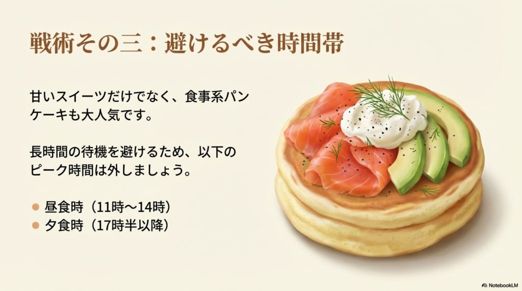 避けるべき混雑する時間帯 食事系パンケーキも人気があるため、長時間の待機を避けるにはお昼時の11時から14時、夕食時の17時半以降は外すべきだと伝えるスライドです。