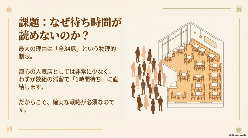 待ち時間が読めない理由(全34席の制限) 待ち時間が長くなる最大の理由は全34席という物理的な制限であり、数組のお客さんが長居するだけで1時間待ちに直結することを説明したスライドです。