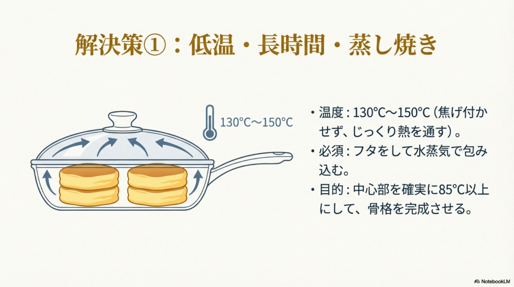 フライパンにフタをして130度から150度の低い温度でじっくり焼くことで、焦がさずに中までしっかり火を通す焼き方の図です。