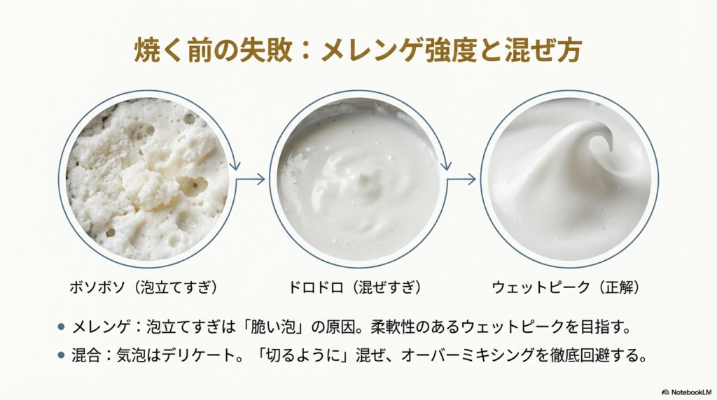 メレンゲは泡立てすぎるとパサパサになり、混ぜすぎるとドロドロになってしまうため、ちょうどよい柔らかさにすることが大切です。