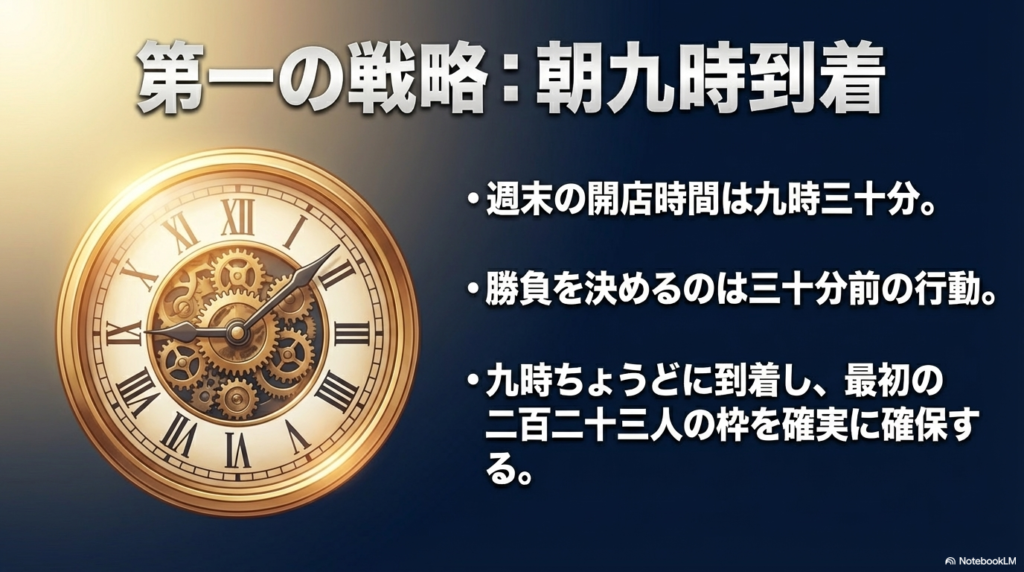 週末の開店時間である9時30分の30分前、つまり9時ちょうどに到着して最初の枠を確保する戦略を提案しています。