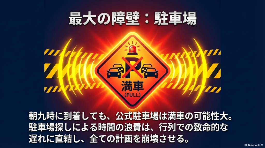 朝9時に到着しても公式駐車場が満車である可能性が高く、駐車場探しで時間をロスすると行列に並ぶのが遅れてしまう危険性を警告しています。