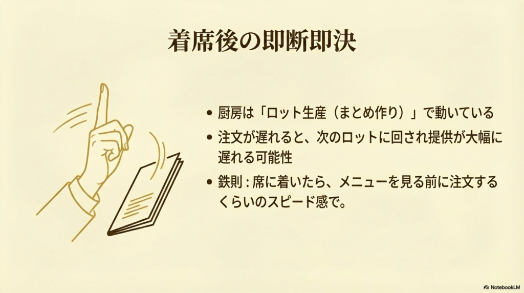 席に着いたらすぐに注文するべき理由 パンケーキは厨房で何人分かをまとめて作られているため、席に着いたらすぐに注文をして作り始めるグループに入ることが大切です。