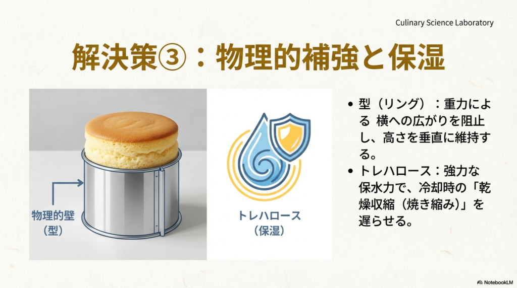 焼くときに専用の型を使って生地が横に広がるのを防ぐことと、トレハロースというお砂糖を使って生地が乾くのを防ぐ工夫を説明しています。