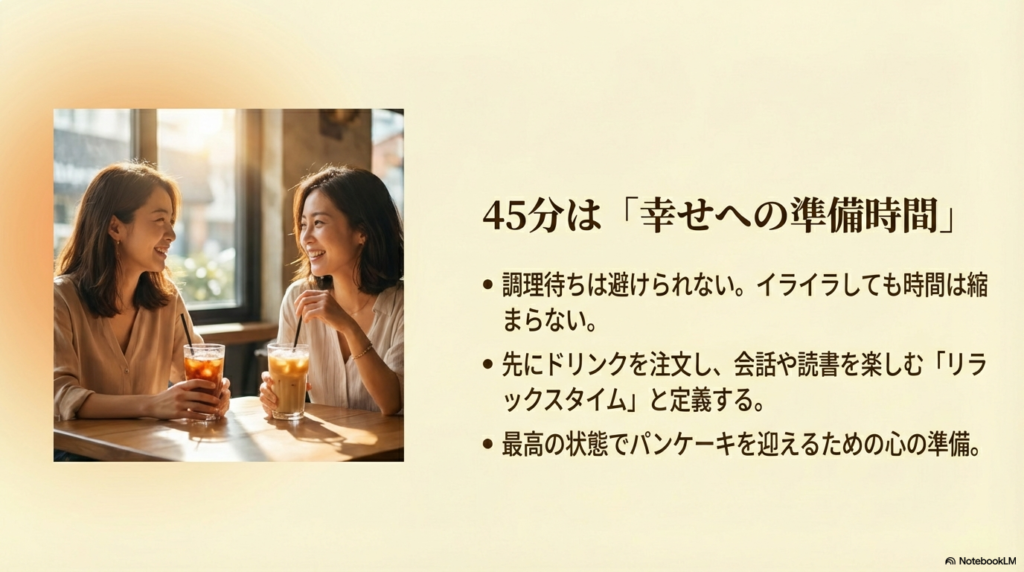 調理中の待ち時間を楽しむ工夫 パンケーキが焼き上がるまでの45分間は、先に飲み物を注文して会話や読書をしながらリラックスして過ごしましょう。