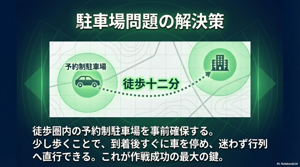 お店から徒歩12分圏内にある予約制の駐車場を事前に確保しておくことで、到着後すぐに車を停めて行列へ直行できる解決策を紹介しています。